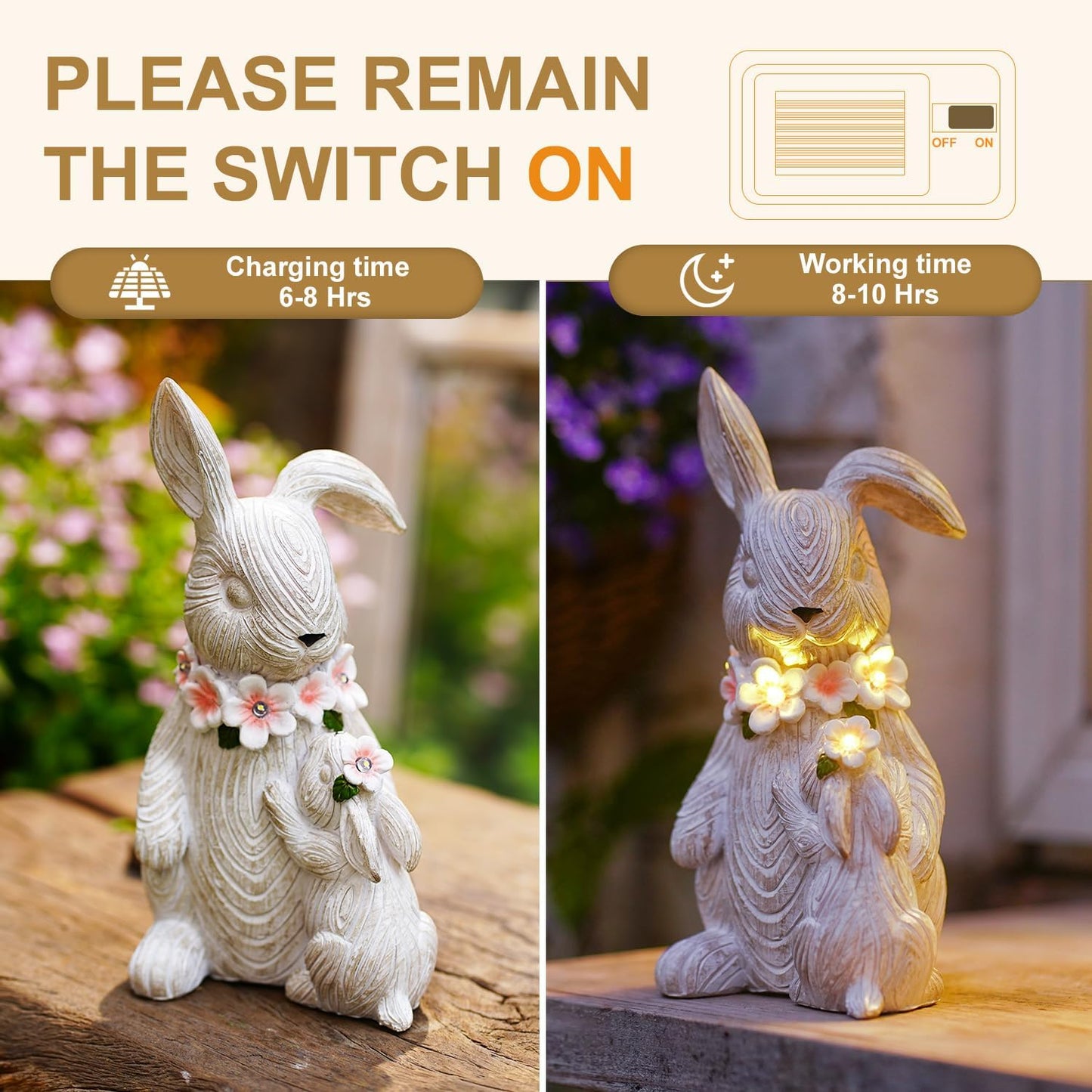 Garden Statues Rabbit with Solar Lights Outdoor Bunny Figurines Decorations for Patio Yard Lawn Ornaments Easter Gifts for Women Birthday