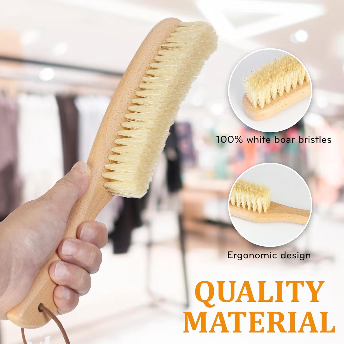 TAKAVU Clothes Brush Hat Brush, White Boar Bristle Lint Brush with Large Beech Wood Handle - Perfect for Pet Hair, Suits, Velvet, Cashmere, Wool, Suede, Shoe - Effective Lint Remover