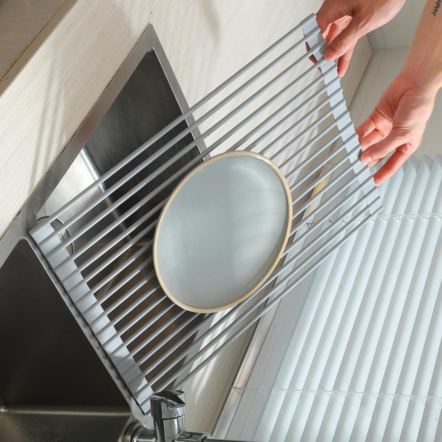SAOSHYPEI Roll Up Dish Drying Rack,Over The Sink Dish Drainer Anti-Slip Dish Racks for Kitchen Counter,Silicone Coated Steel Multipurpose Space Saving for Kitchen,20.5" x 13.1", Grey
