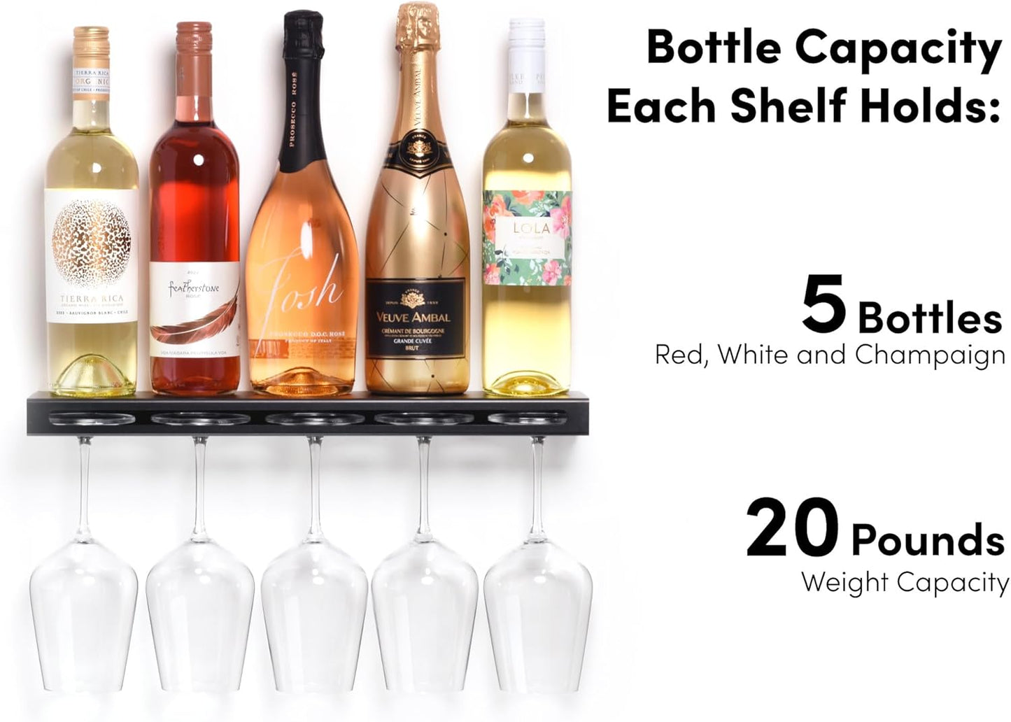 Wall Mounted Wine Rack – Metal Floating Bar Shelf with Bottle and Glass Holder, Holds 5 Bottles and 4-6 Glasses