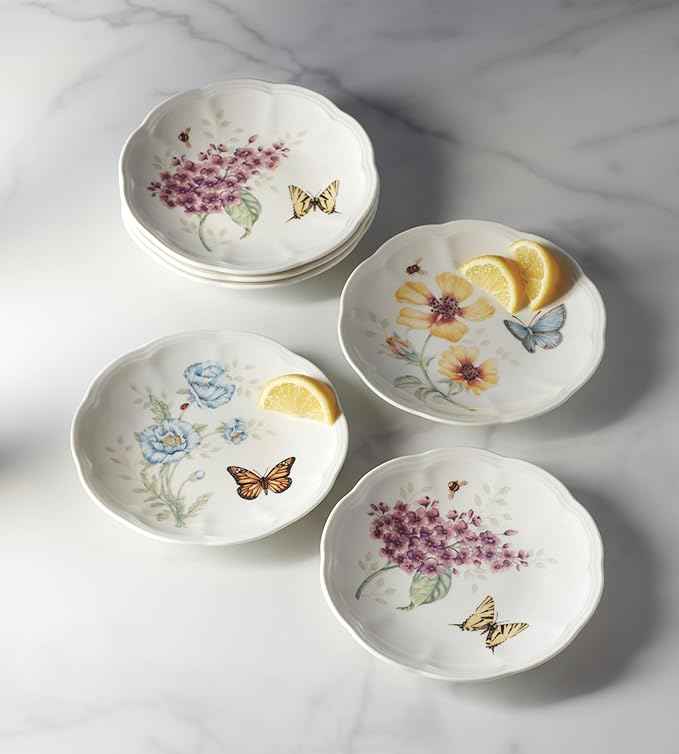 Lenox Dinnerware Set, Butterfly Meadow 6-Piece Tidbit Plate Set, Service For 6, Durable Porcelain Appetizer Plates, Dishwasher And Microwave Safe, Ceramic Plates, Salad Plate (Assorted, 6 Piece)