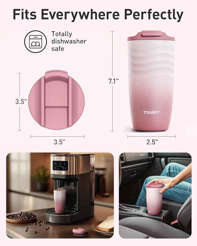 TOURIT 16 oz Travel Coffee Mug, Insulated Stainless Steel Travel Mug with Lid, Leak-Proof Double-Wall Vacuum Tumbler, Reusable Coffee Cup - Dark brown