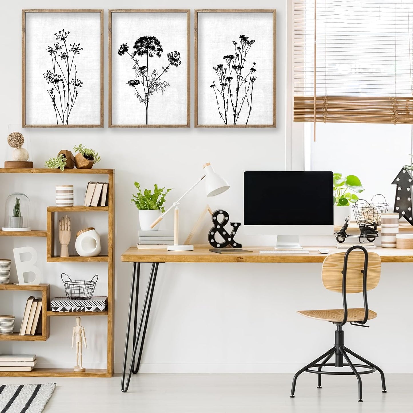 Flower Plant Wall Art Decor 16"x11" Set of 3 Black And White Botanical Painting Wood Framed For Minimalist Bedroom Office Rustic Living Room Abstract Wildflower Sign Hanging (Wood White)