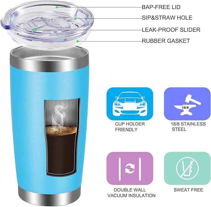 VEGOND 20oz Tumbler with Lid and Straw Stainless Steel Tumbler Cup Vacuum Insulated Double Wall Travel Coffee Mug Powder Coated Coffee Cup, Sky Blue, 1 Pack