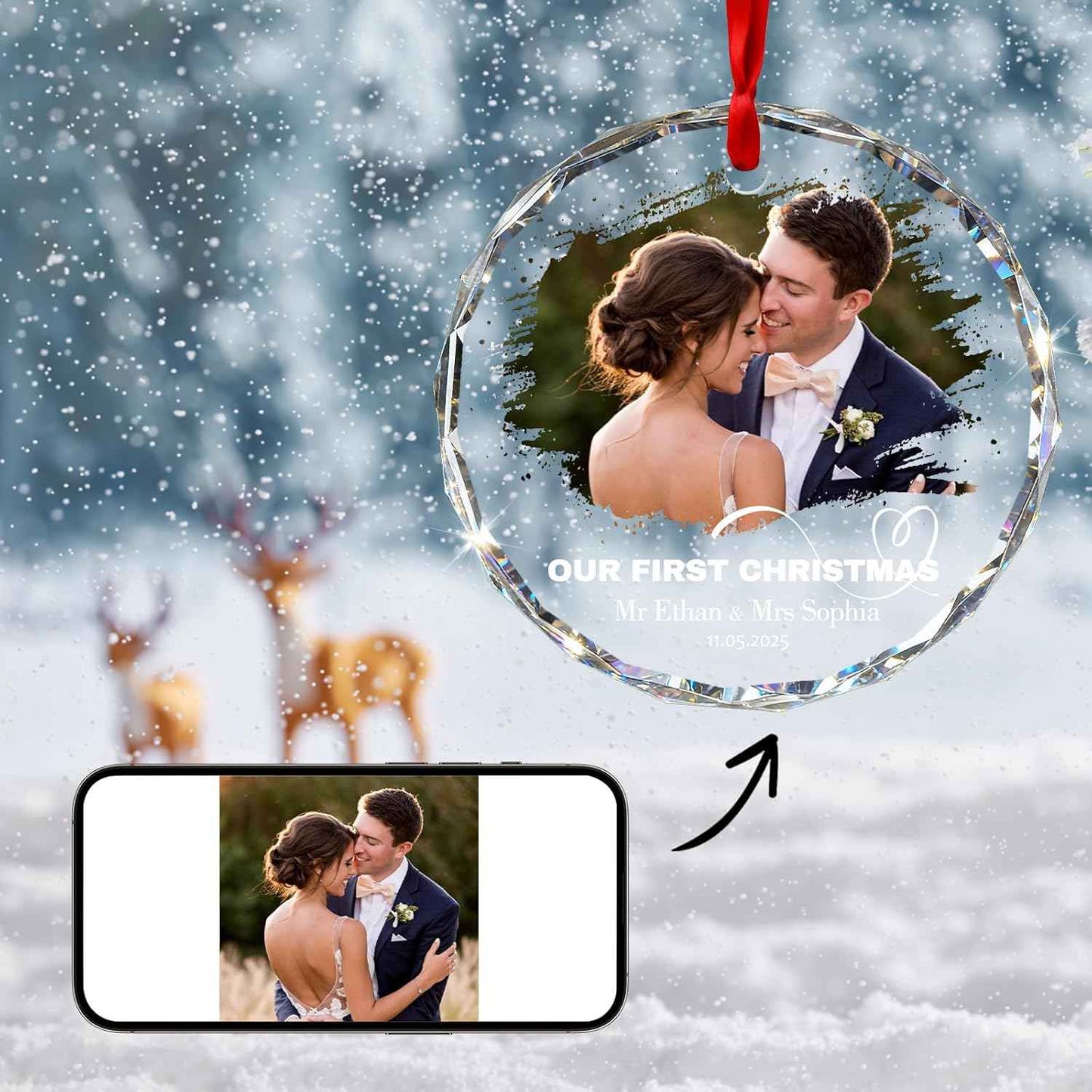 Personalized First Christmas Married Ornament 2025 - Custom 3D Crystal Photo Wedding Ornaments, Personalized Xmas Gifts for Couples (Married)