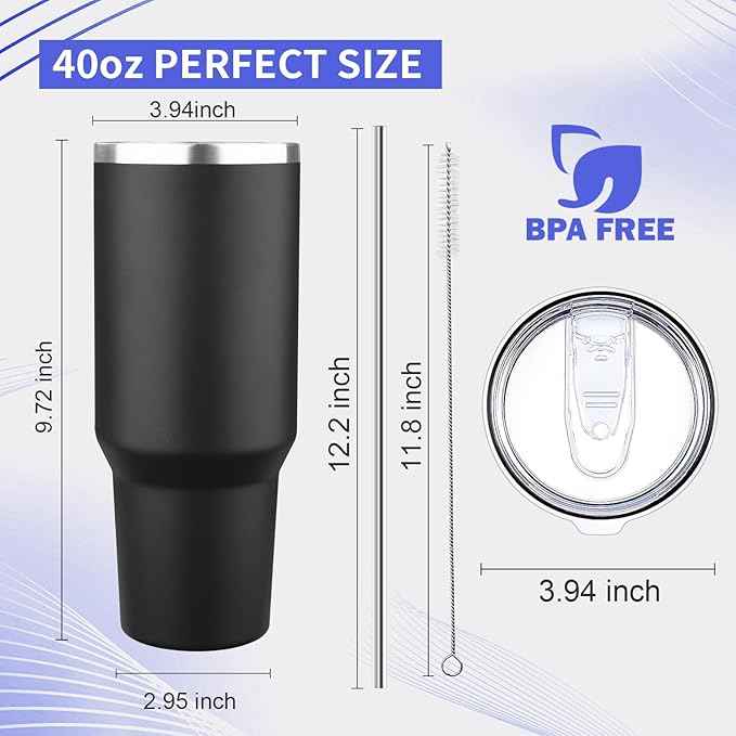 40 oz Tumbler with Lids and Straws Double Wall Vacuum Insulated Tumbler Cup,Stainless Steel Leak-proof Thermal Tumbler Powder Coated Travel Coffee Mug for Cold and Hot Drinks,Black