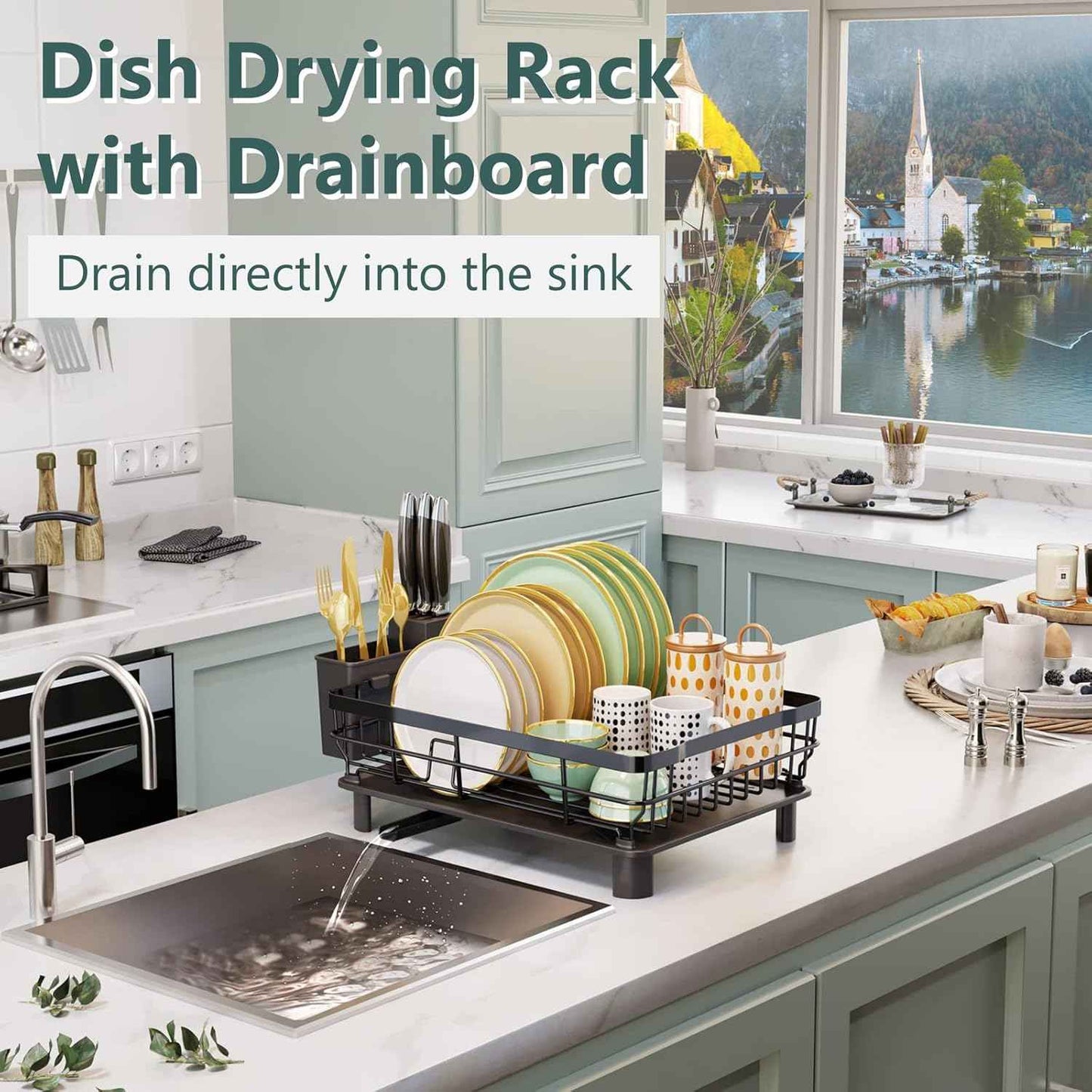 AIDERLY Iron Dish Drying Rack with Drainboard Dish Drainers for Kitchen Counter Extendable Spout Strainers with Utensil Holder and Knife Slots, Black