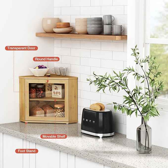Goozii Bamboo Corner Bread Box for Kitchen Counter, 2 Tier Bread Keeper Wooden Round, Farmhouse Bread Storage Bin for Kitchen Countertop, Counter Organizer for Bread, Cup, Fruit, Spice, Snack