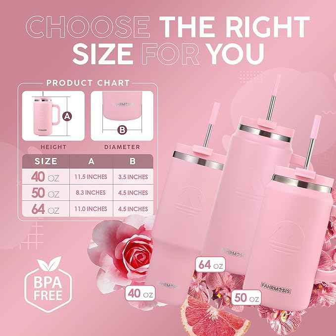 FAHRMOSIS 40 Oz Tumbler with Handle and Straw Insulated Cup that Fits in Cup Holder for Hot & Cold Drinks Leak Proof Tumbler with Straw Stainless Steel Travel Mug for Men & Women - Pink