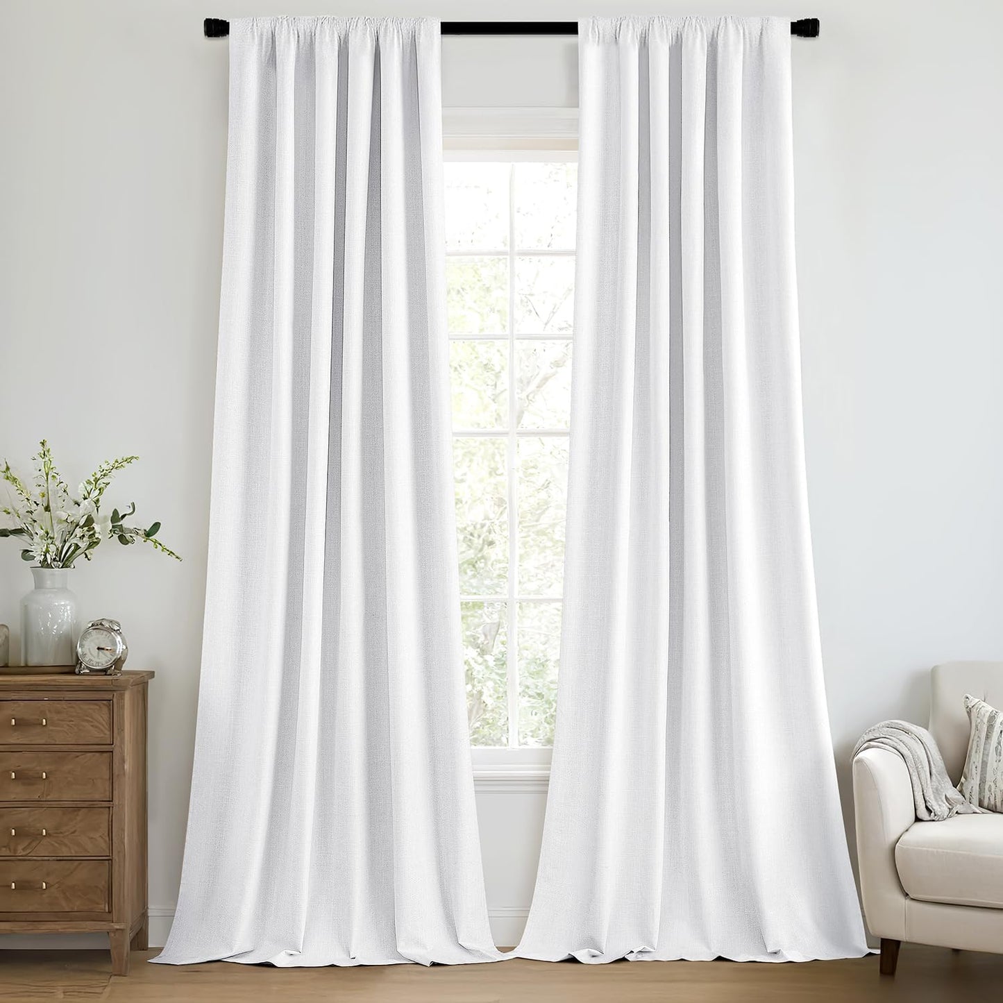 MIULEE 100% Blackout Curtains 96 Inch Long 2 Panels Set for Bedroom, Thick Faux Linen Black Out Curtain Room Darkening Back Tab Pleat Window Textured Drapes with Hooks for Living Room, Bright White