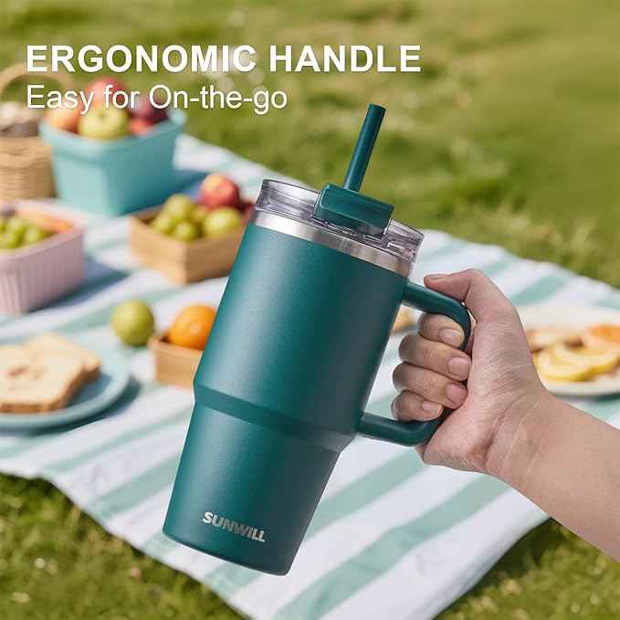 SUNWILL Coffee Tumbler with Handle, 20 oz Travel Mug with Lid and Straw Insulated, Stainless Steel Cup Leak Proof for Travel & Outdoor, Cupholder Friendly, Powder Coated Deep Teal