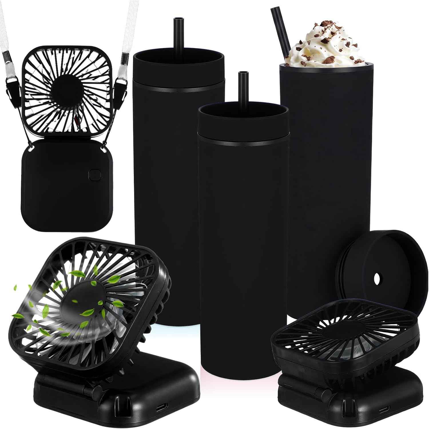 Reallnaive 6 Pcs Skinny Tumbler Bulk and Mini Portable Fans Set for Summer, 16 oz Plastic Cups with Lids Straws and Small USB Rechargeable Handheld Fan for Cooling Gift (Black)