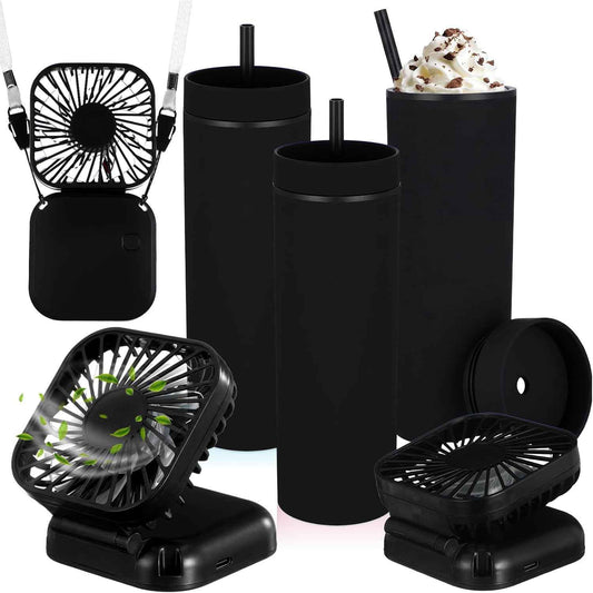 Reallnaive 6 Pcs Skinny Tumbler Bulk and Mini Portable Fans Set for Summer, 16 oz Plastic Cups with Lids Straws and Small USB Rechargeable Handheld Fan for Cooling Gift (Black)