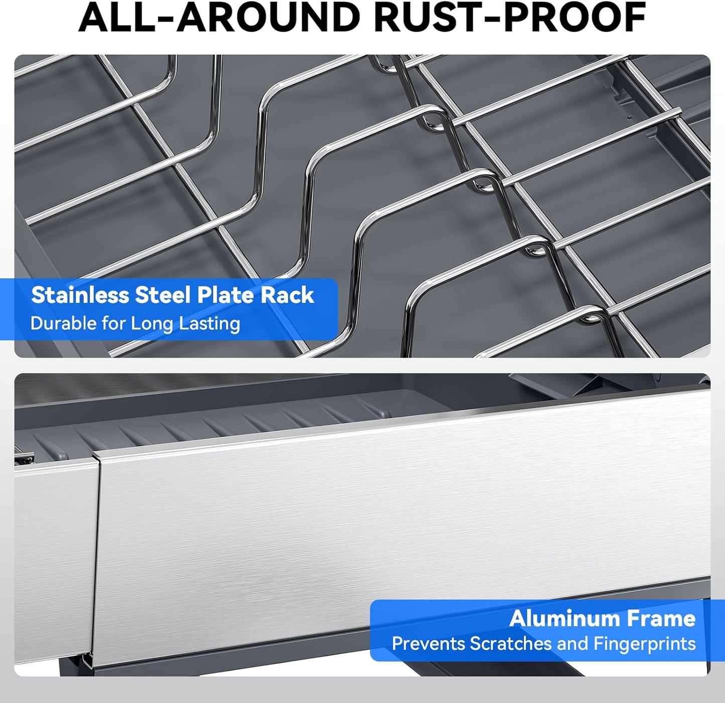 Urackify Expandable Dish Drying Rack, Stainless Steel Dish Rack with Aluminum Frame, Dish Drainer for Kitchen Counter, Space Saving Kitchen Drying Rack with Movable Utensil Holder, Gray