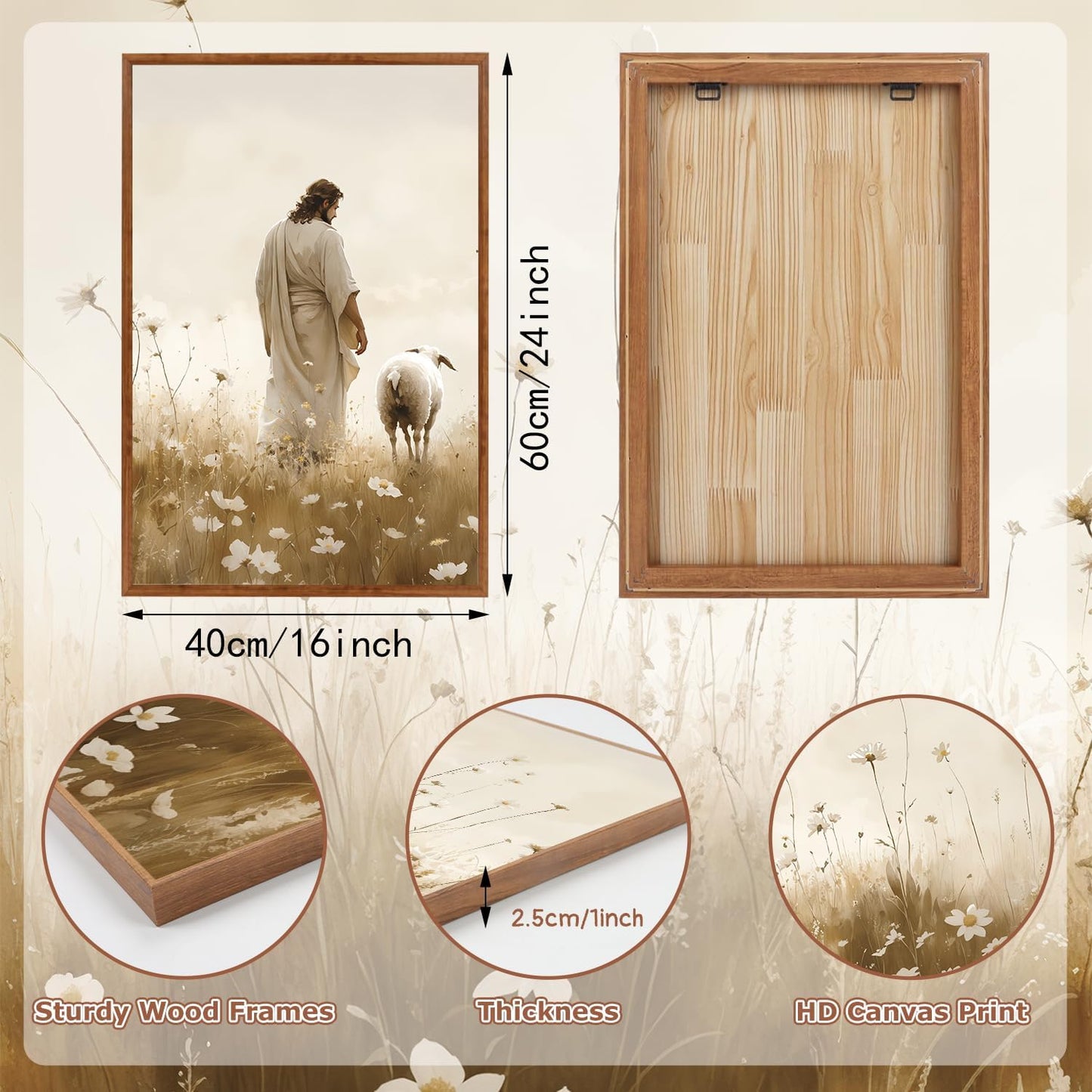 KAIRNE Jesus Framed Canvas Wall Art,Lost Sheep Wall Decor Set of 3(16”X24”),Holy Christian Art Print,Religious Scripture Pictures,Bible Renaissance Wall Painting for Living Room,Bedroom,Church Decor