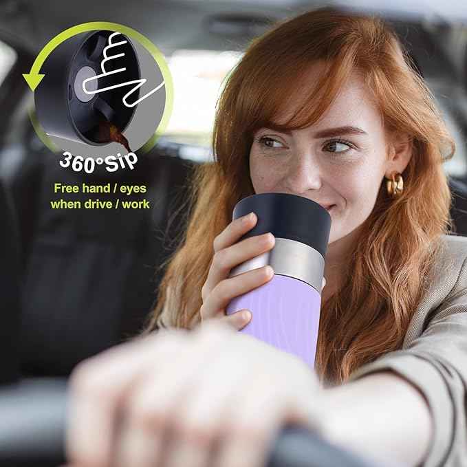 Travel Coffee Mug with 360°Lid, Travel Coffee Tumbler 16 oz Leak Proof, Stainless Steel Insulated Travel Mugs for Hot and Cold Spill Proof Leak Proof(Light Purple)