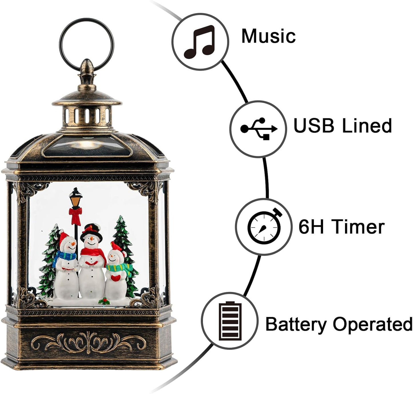 Christmas Snow Globe Swirling Glittering Snowman Choir with Music & Timer, USB Lined/Battery Operated Lighted Water Lantern for Christmas Festival Decoration Gifts