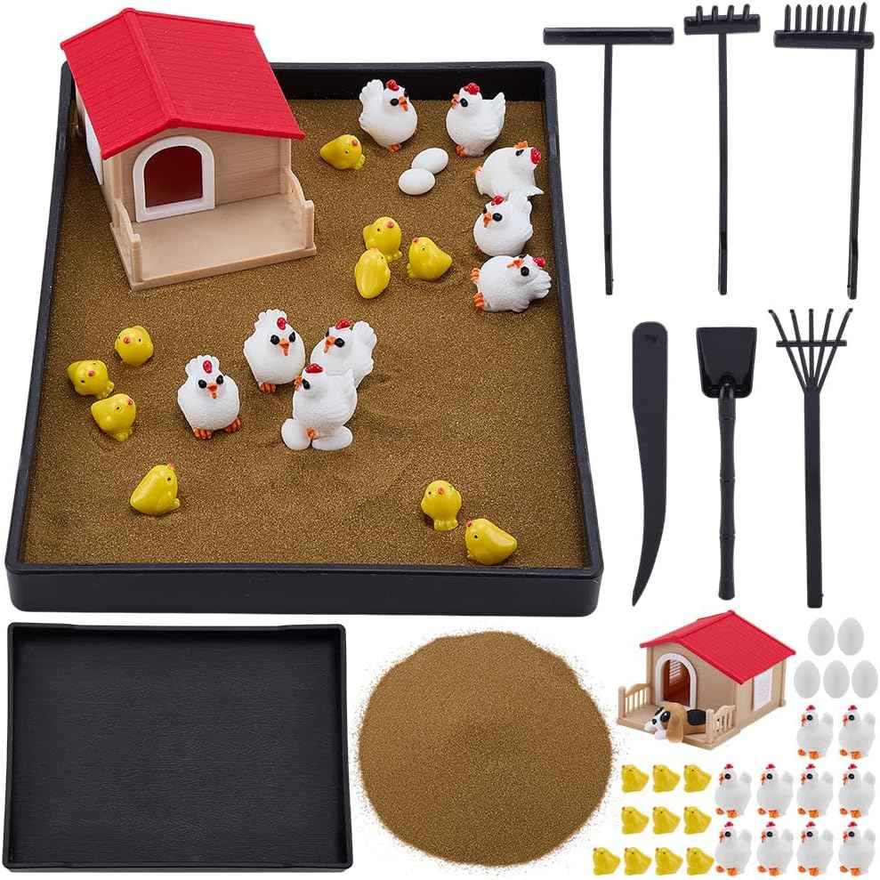 WEBEEDY Chicken Zen Garden Kit for Desk, Zen Decor Sand Garden DIY Kit with Chicken, Eggs and Farmhouse Figurines, Funny Tabletop Ornament for Office Home Meditation Gift, 8.3x6.2 Inch