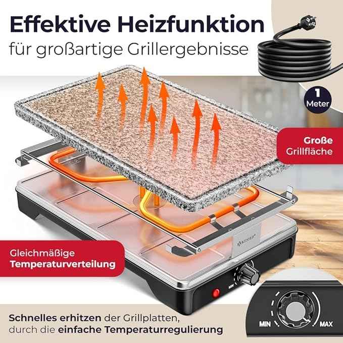 KESSER® Raclette Grill with Natural Grill Stone, Grill Plate Table Grill for 8 People, Electric Grill Raclette Grill with Non-Stick Coating, 8 Pans and Wooden Spatula 1200W (Black)
