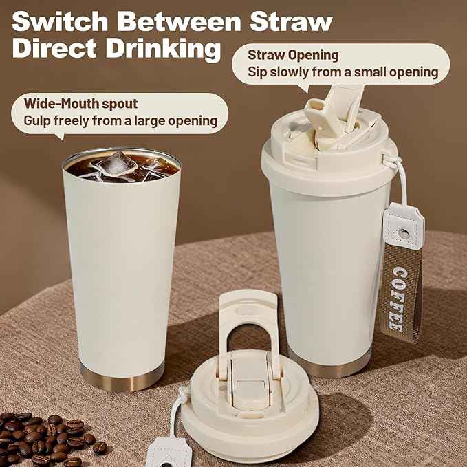 Insulated Coffee Tumbler 17.9oz 530ml Travel Coffee Mug 316 Stainless Steel Dual Drink Openings Leakproof Lid Reusable Insulated Coffee Mug Hot and Cold Ideal Travel Mug for Coffee Lover Daily