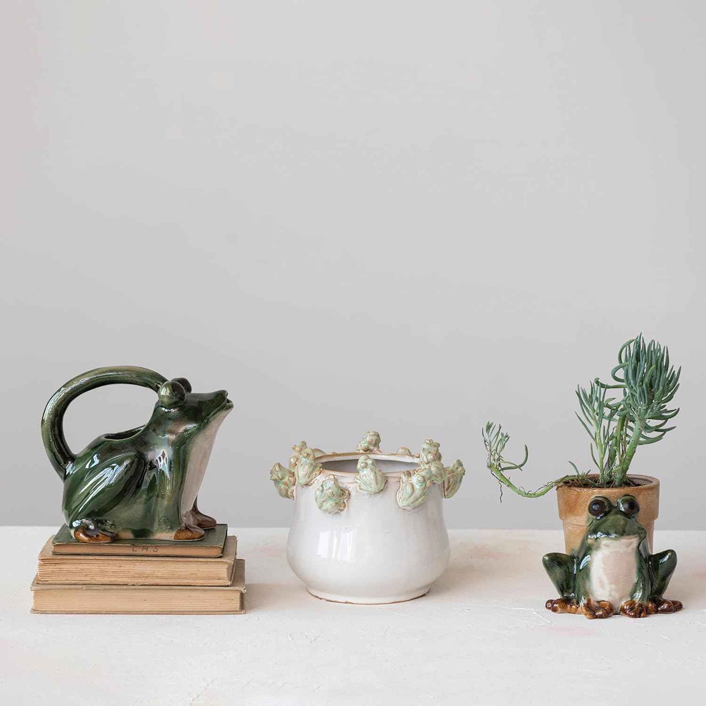 Creative Co-Op Stoneware Planter with Frogs on Rim and Reactive Glaze, Green and White