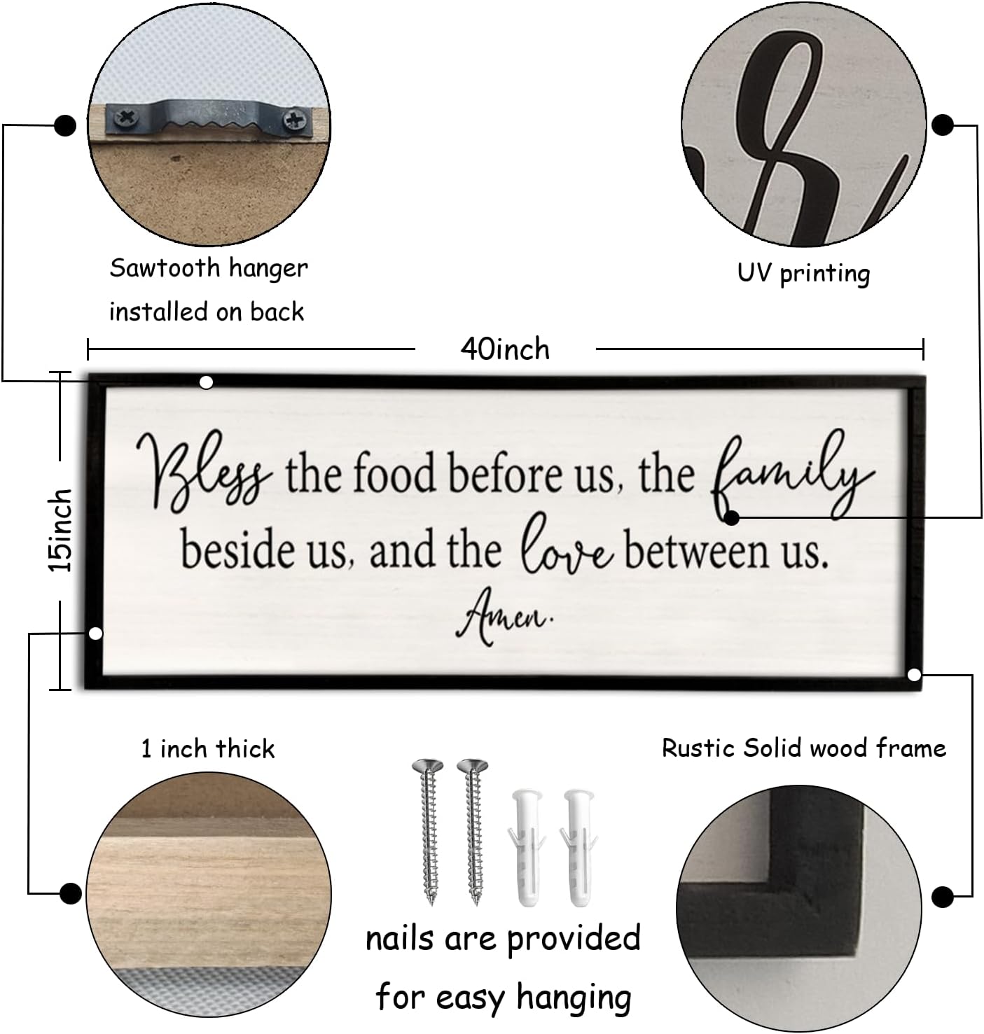 Bless the Food Before Us Sign Wall Decor 40"X15" Large Farmhouse Dining Room Wall Decor Framed Wood Rustic Home Wall Art Kitchen Decoration (Black)