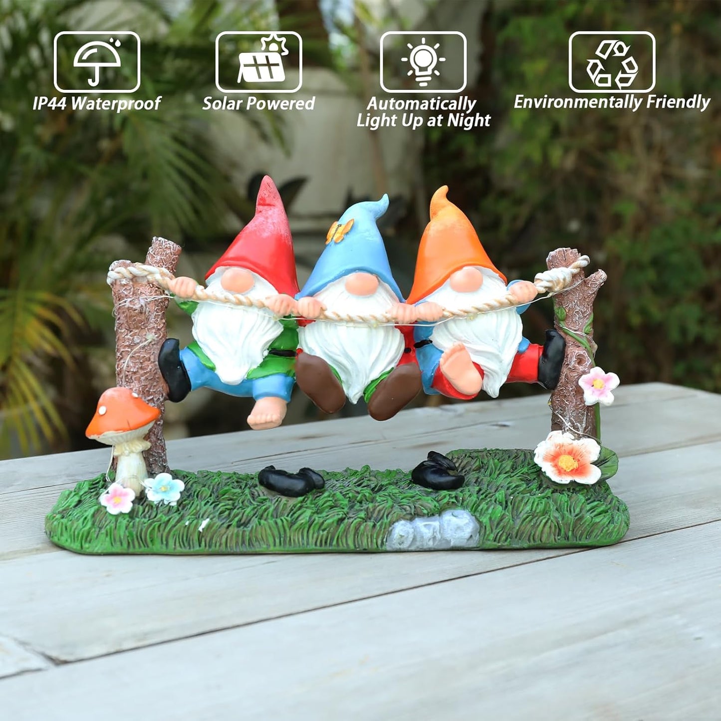 Garden Gnome Statue, Solar Swing Gnomes Figurine with Flowers and Mushrooms, Waterproof Resin Outdoor Decor for Patio Lawn Yard Home Tabletop Decoration