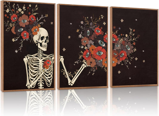 KAIRNE Gothic Skull Wall Art,Halloween Skeleton Canvas Set of 3(16”x24”),Scary Skull Painting,Horror Floral Botanical Prints,Romantic Spooky Halloween Wall Art for Living Room Bedroom Goth Party Decor