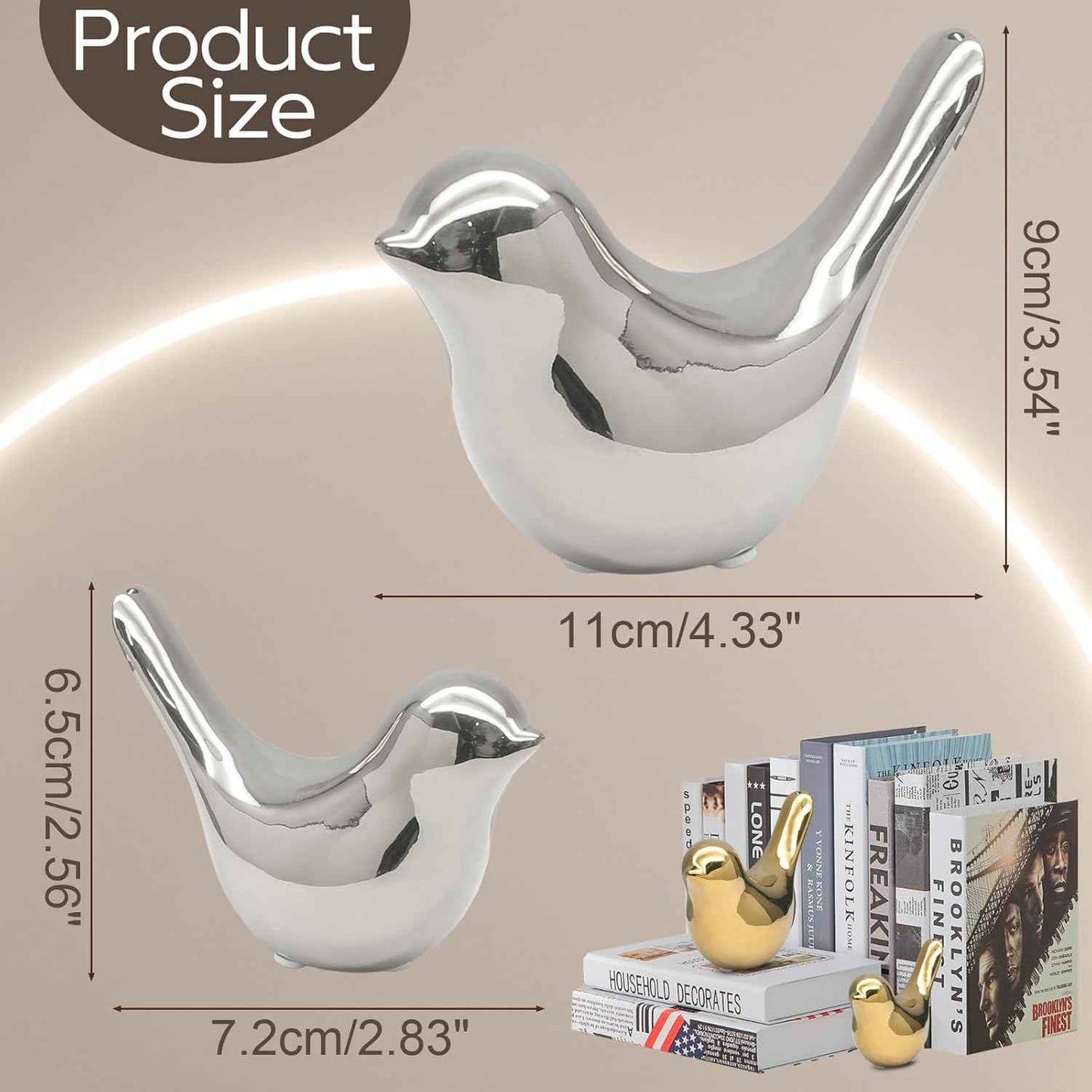 2 Pcs Modern Style Animal Statues, Decorative Silver Ornaments Birds Statues, Ceramic Decor for Office Desktop, Bookshelf, Bedroom, Living Room, Cabinets
