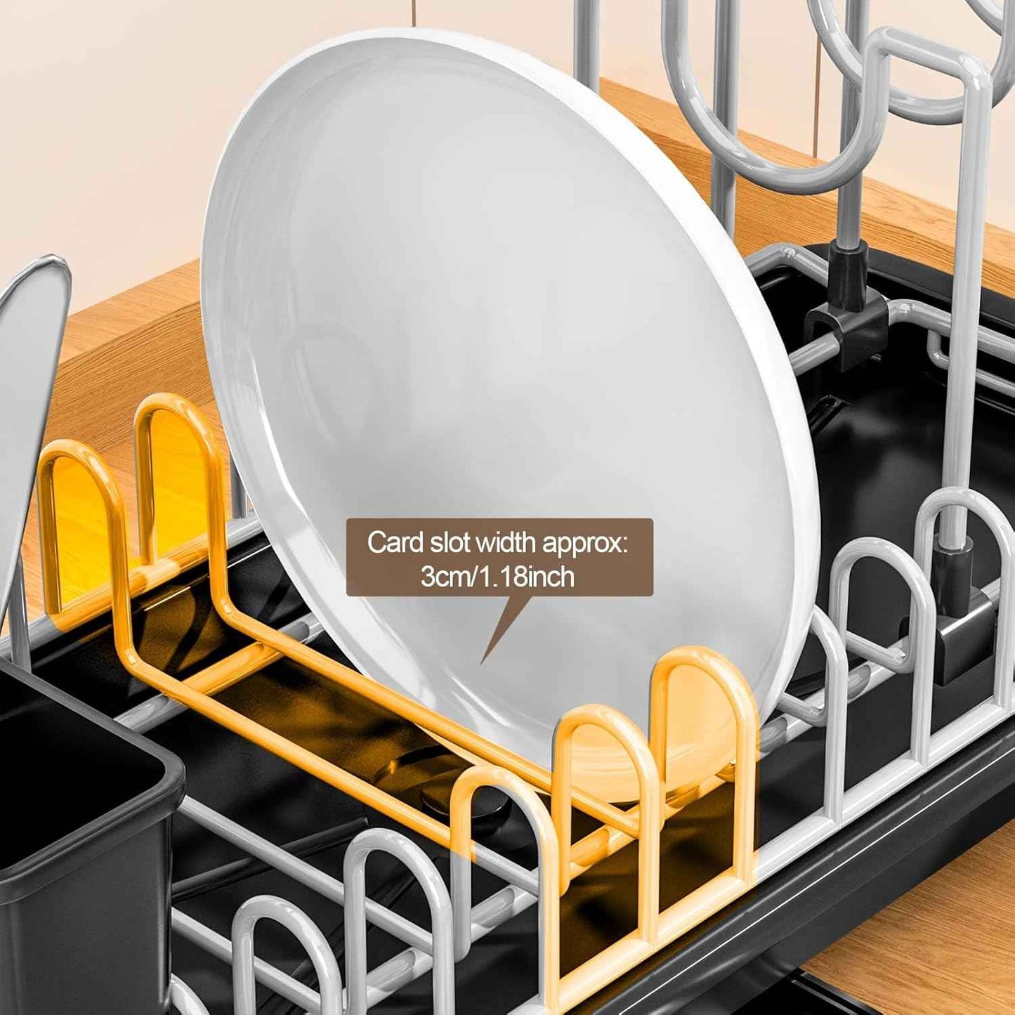 Compact Dish Drying Rack for Countertop, Small-Sized for Dorms, RVs & Tiny Kitchens, Auto-Drain, Adjustable Slots, Rust-Resistant with Utensil Caddy & Sponge Holder (Black)