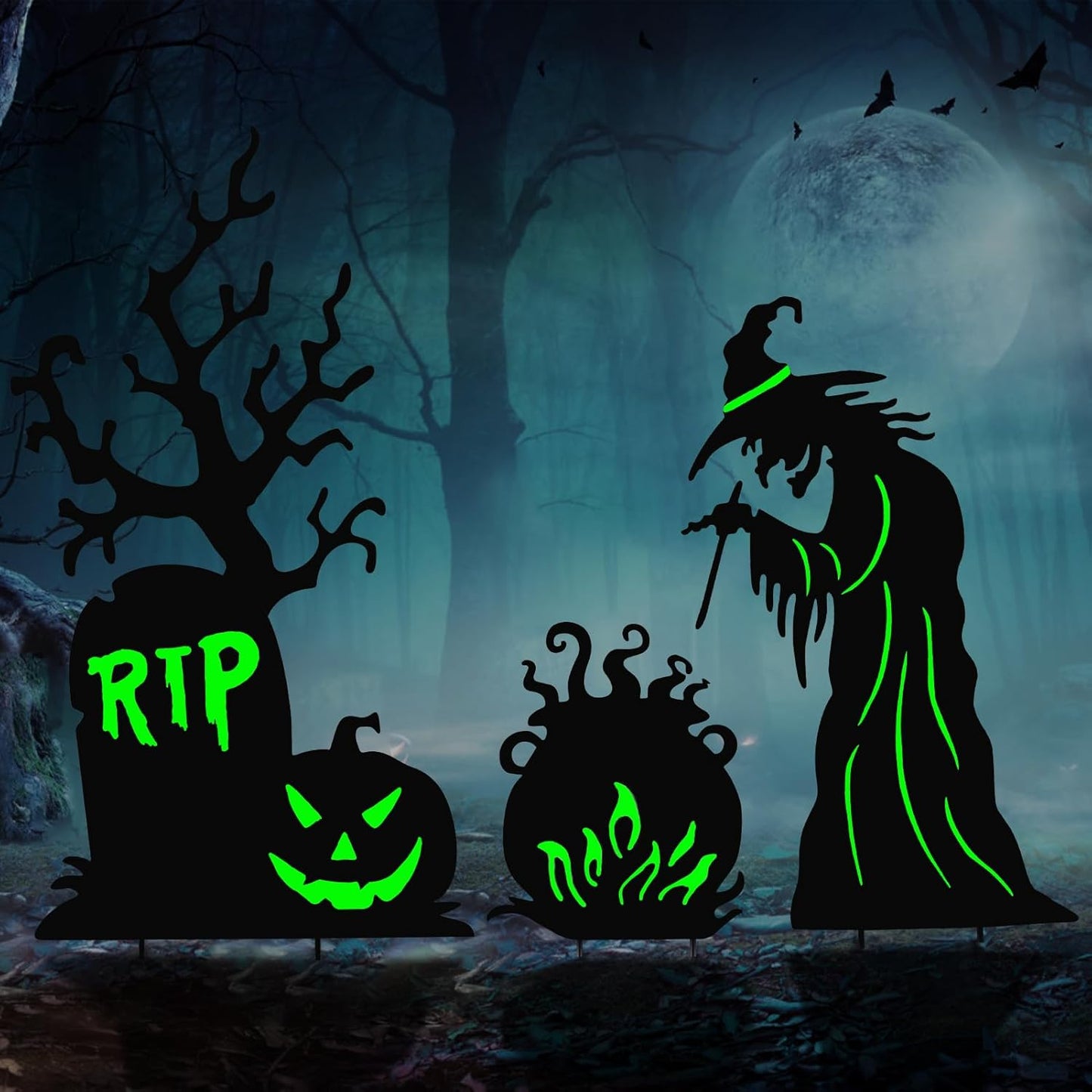 Halloween Yard Signs Outdoor Decorations，3 Pack Scary Large Witch Tombstone Cauldron Fluorescent Metal Stakes Glow in The Dark for Lawn Garden Halloween Decor (Large Witch Tombstone Cauldron)