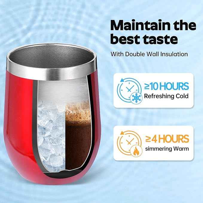 Volhoply 12oz Stainless Steel Wine Tumbler with Lid and Straw,Double Wall Vacuum Insulated Stemless Wine Glasses,Reusable Travel Coffee Mug for Cold Drinks,Small Tumblers Gifts for Her Him（Red,1 Set）