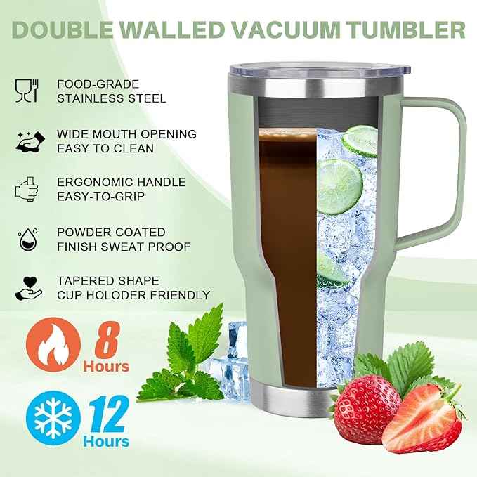 30 oz Tumbler with Handle, Stainless Steel Insulated Tumbler with Lid and Straw, Double Wall Vacuum Coffee Mug Tumbler, Insulated Coffee Thermal Cup for Cold and Hot (Matcha)