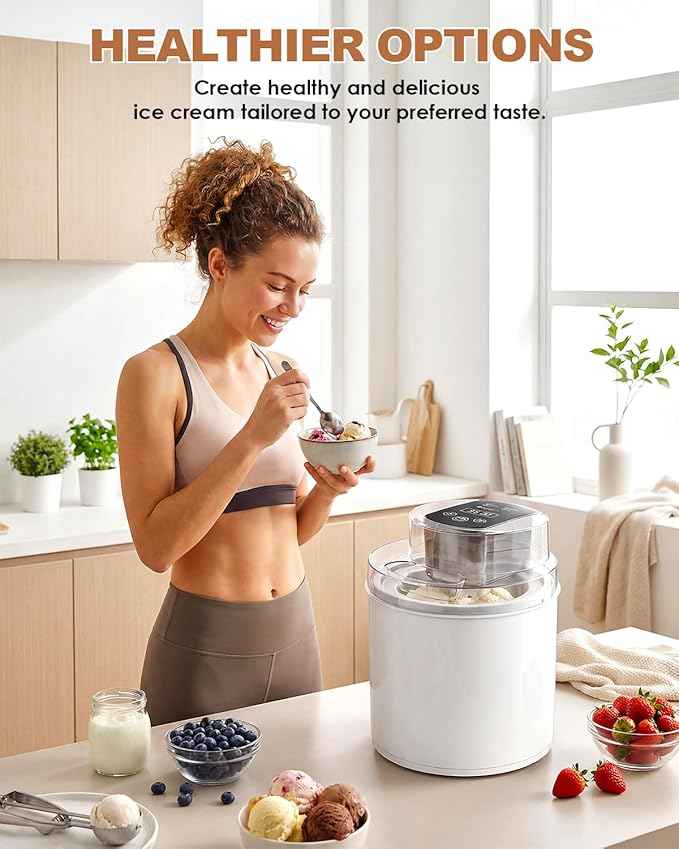 Ice Cream Maker Machine – 2.1 Quart Ice Cream Machine for Gelato, Sorbet & Frozen Yogurt, Ready in 20 Minutes, LCD Screen and Timer, Perfect for 10-16 Servings, Easy to Use & Clean