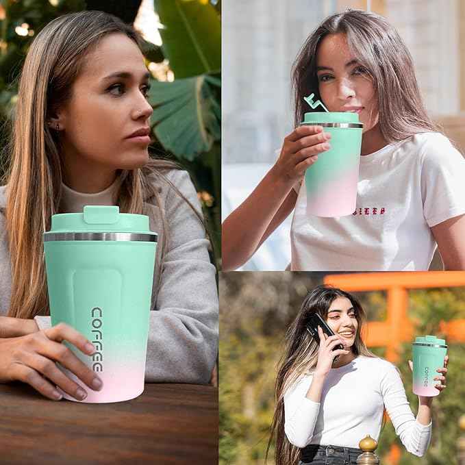 SPLMIFA Travel Coffee Mug Leak-Proof, Reusable Coffee Cups with Lids, Stainless Steel Vacuum Insulated Coffee Tumblers, Thermal Insulation Cup for Men and Women Hot & Cold Drinks(2nd-Green Pink, 17OZ)
