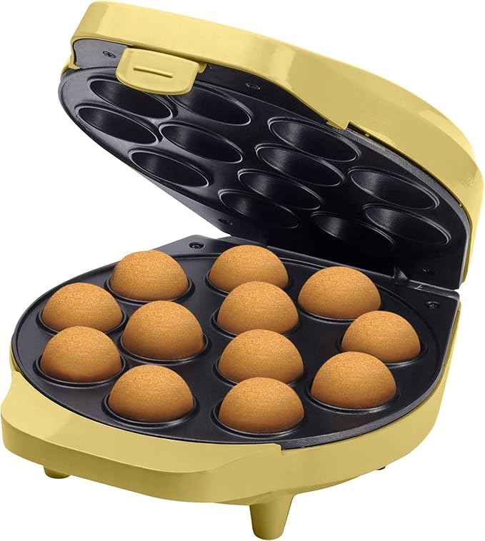 Bestron Cake Pop Maker, Waffle Maker for 12 Cake Pops, Including Cake Pop Butler, 12 Sticks & Fork, with Non-Stick Coating & Indicator Light, 700W, Colour: Yellow