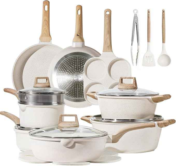 CAROTE 21Pcs Pots and Pans Set, Nonstick Cookware Sets, White Granite Induction Cookware Non Stick Cooking Set w/Frying Pans & Saucepans(PFOS, PFOA Free) Mothers Day