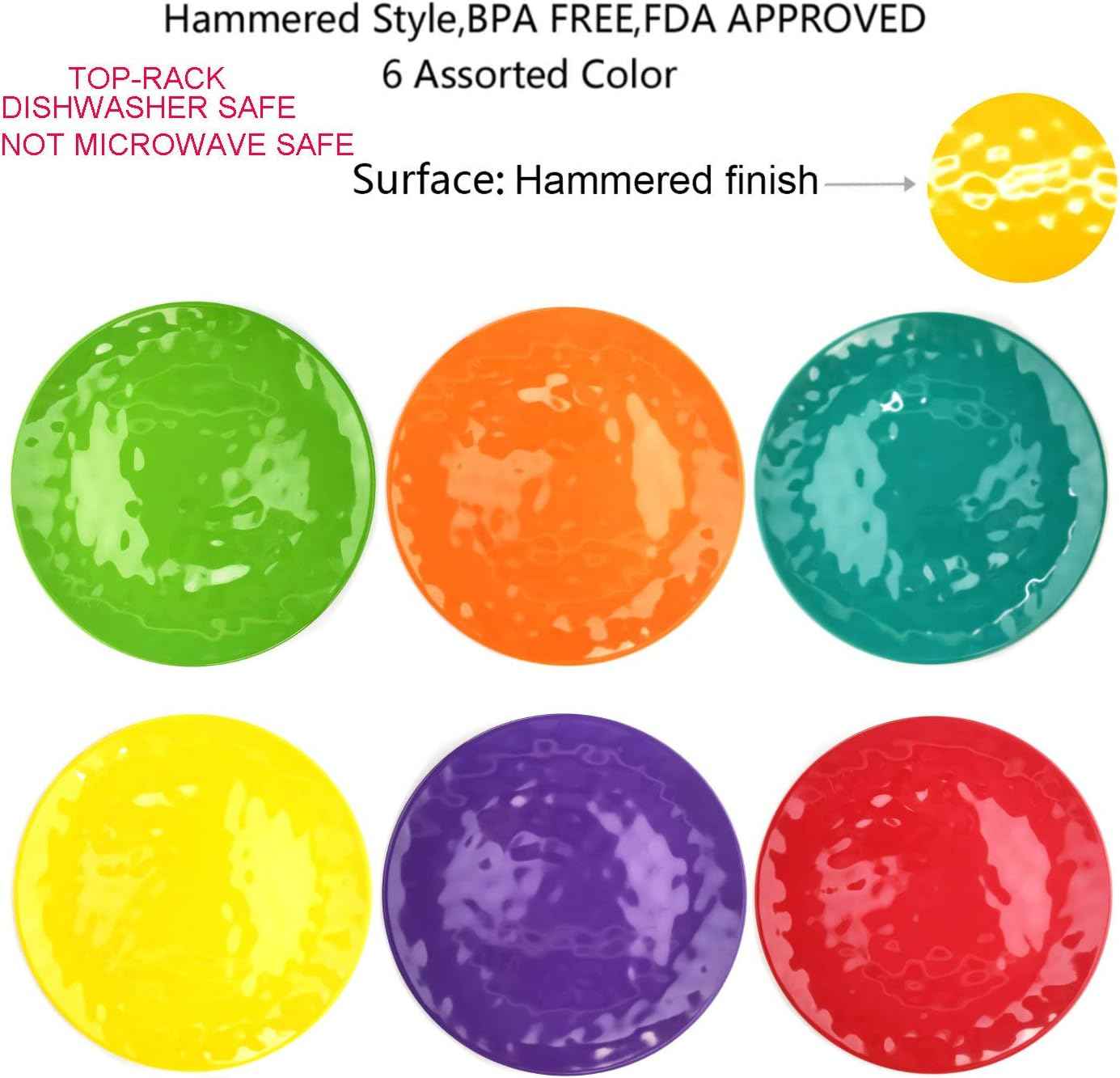 6-Piece 100% Melamine Dinner/Lunch Plate Set,10inch Round Melamine Salad Plates Picnic Plates for Holiday Home Party,Break-resistant and Lightweight,Hammered Finish,BPA Free (Multi color)