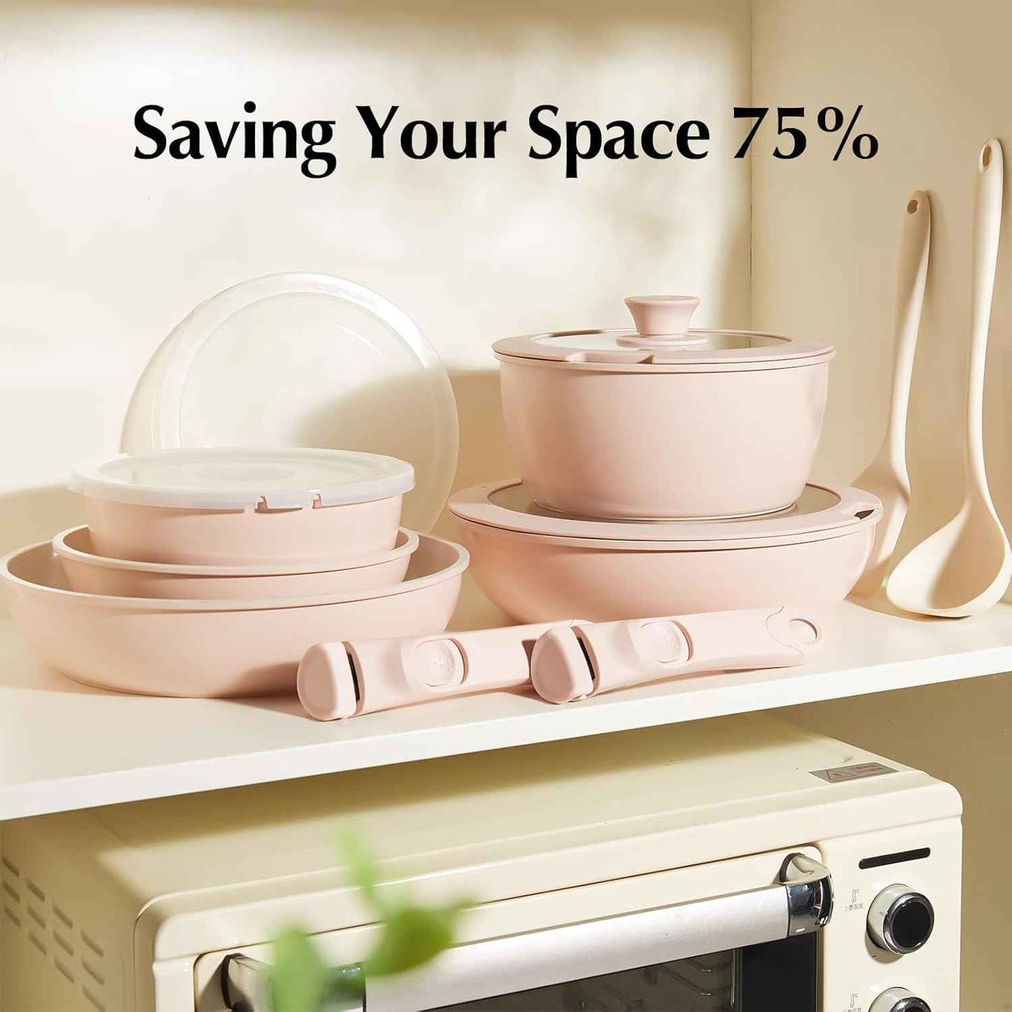 Redchef Pans and Pots Set Nonstick, Ceramic Cookware Set with Detachable Handles 16Pcs, Induction Dishwasher Oven Safe Kitchen Cooking Set, PFAS PFOA & PTFE Free, Pink