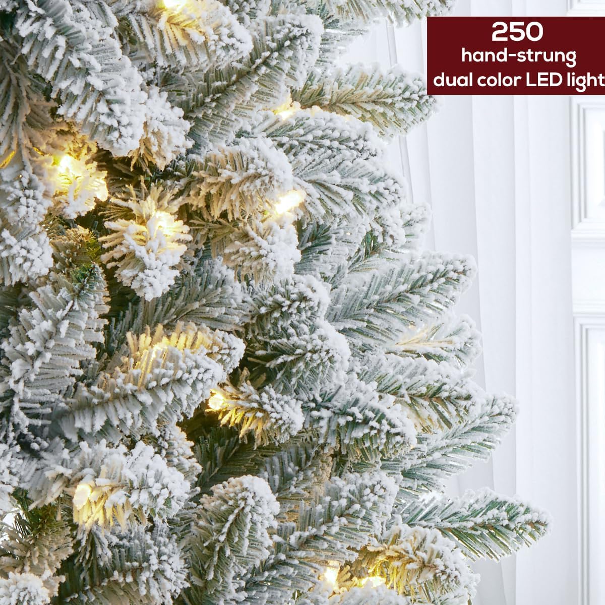 6 FT Pre-lit Snow Flocked Christmas Tree, Artificial Christmas Tree with 250 Warm White & Color LED Changing Lights, 600 PVC Branch Tips, Easy Assembly/Metal Stand/Hinged/8 Color Modes
