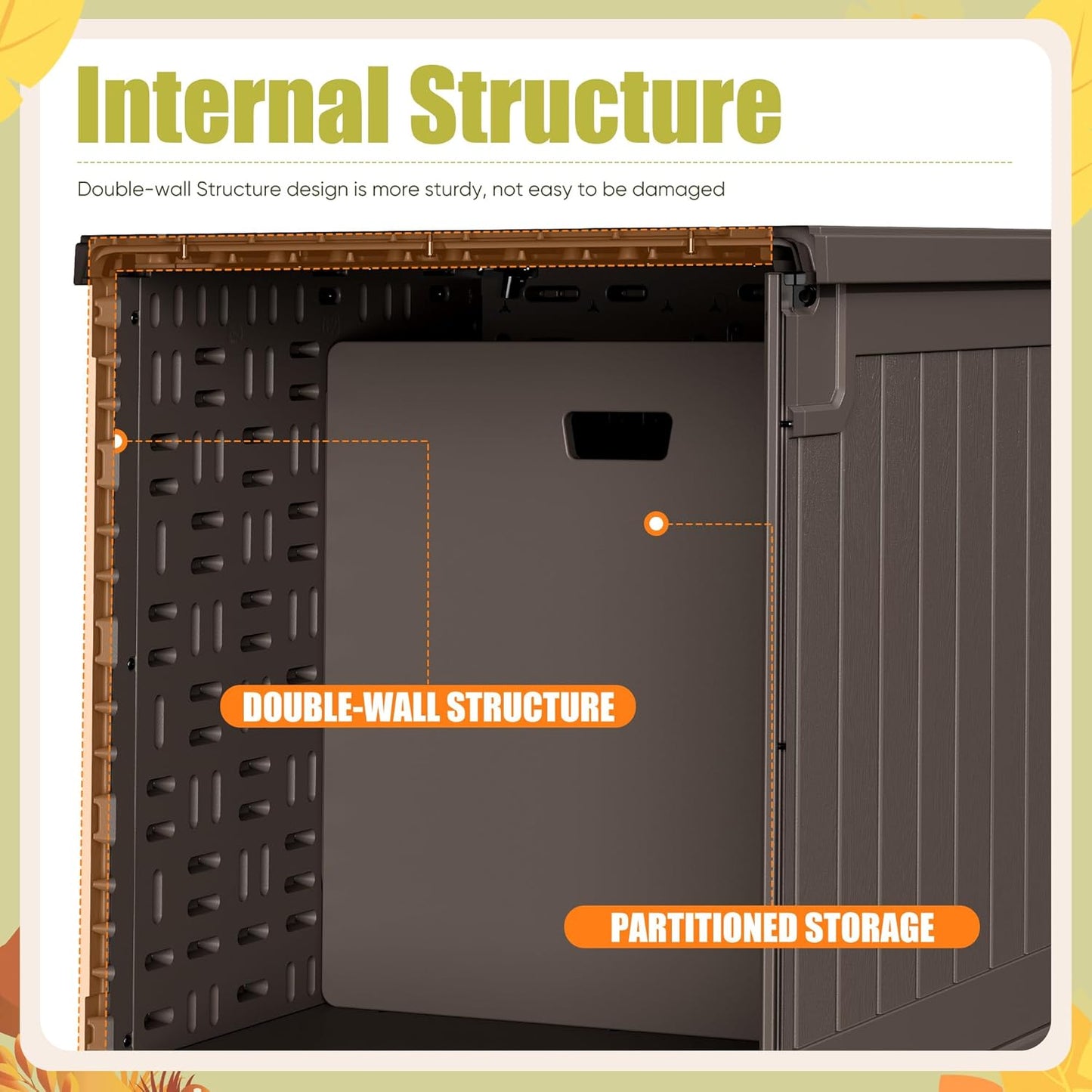 Devoko 240 Gallon Double-Wall Deck Box with Divider, Side Handles, Resin Outdoor Large Storage Box Waterproof and Lockable for Patio Furniture, Garden, Pool (Brown)