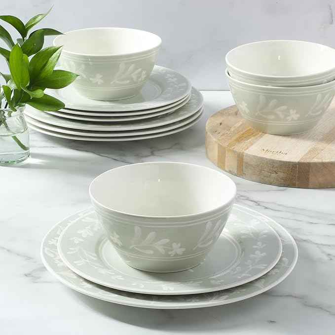 Martha Stewart Dinnerware Set - Maiden Crown 12-Piece Dish Set, Sage Green – New Bone China Ceramic Plates & Bowls – Floral Design – Service for 4 – Microwave & Dishwasher Safe