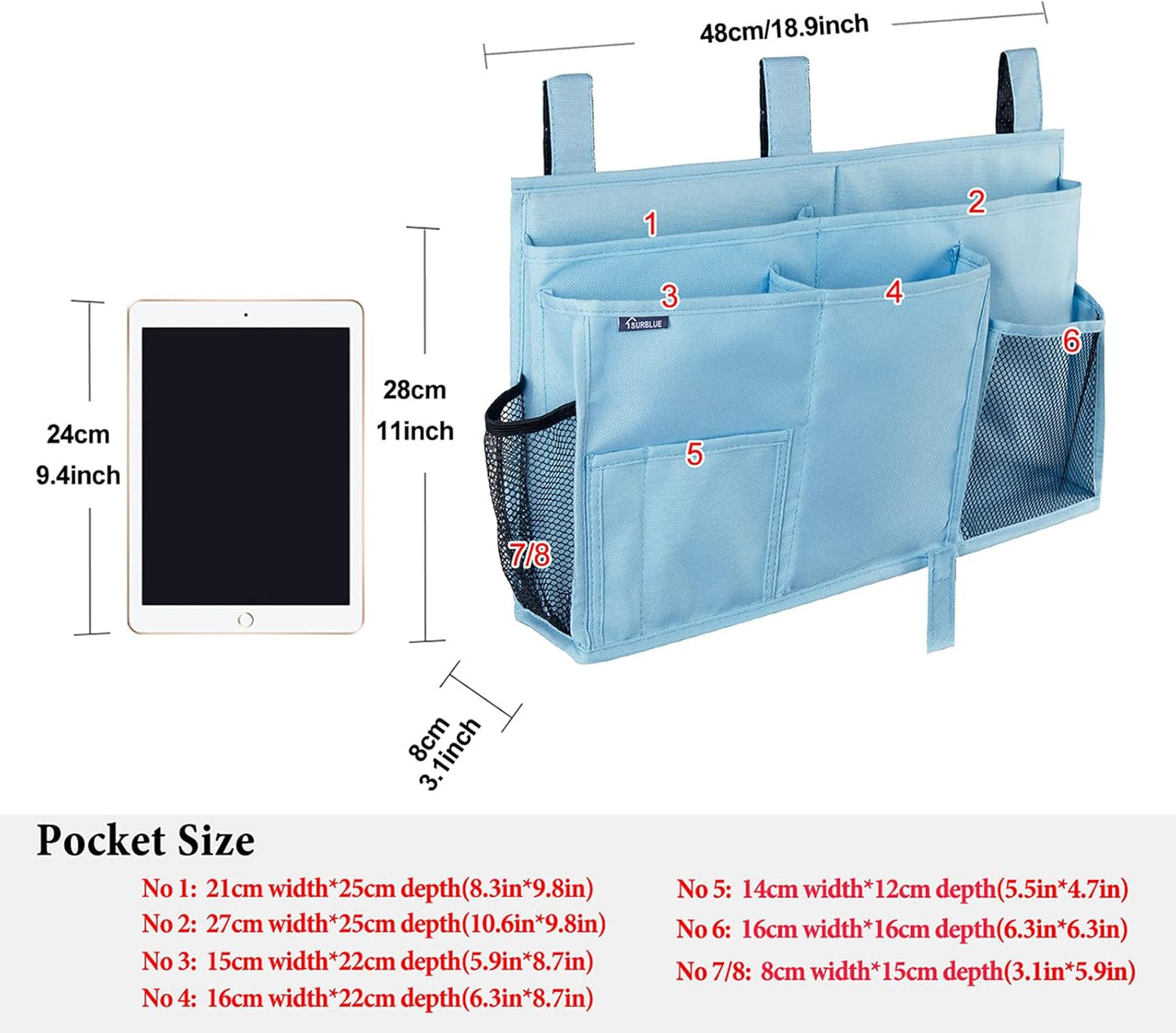 Surblue Bedside Caddy Hanging Bed Organizer Storage Bag Pocket for Bunk and Hospital Beds, College Dorm Rooms Baby Bed Rails, Camp 8 Pockets, (Large, Skyblue)