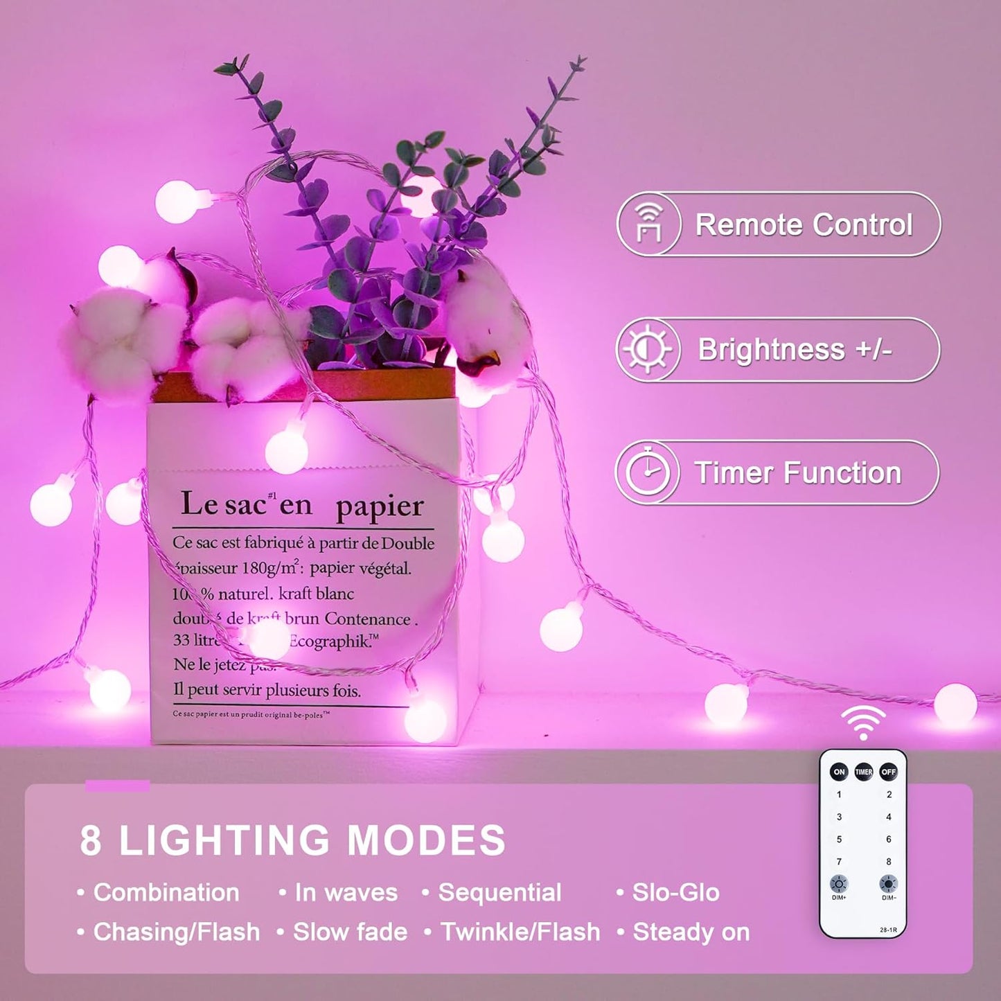 JMEXSUSS 100 LED Pink String Lights Indoor, Connectable Globe String Lights Plug in, 8 Modes 33ft Pink Christmas Fairy Light with Remote for Bedroom Girl's Room Dorm Anniversary Party Decor
