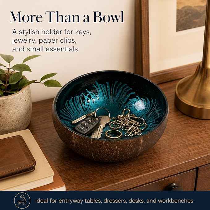 ChezMax Natural Coconut Bowl With Mother of Pearl Inlaid Shell - Key Holder for Entryway Table, Candy Container, Nuts and Dry Snacks Storage - Round Handcrafted Decoration