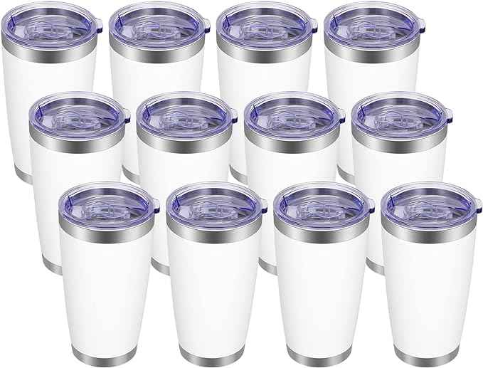 VEGOND 20oz Tumbler with Lid and Straw Stainless Steel Tumbler Cup Bulk Vacuum Insulated Double Wall Travel Coffee Mug Powder Coated Coffee Cup, White, 12 Pack