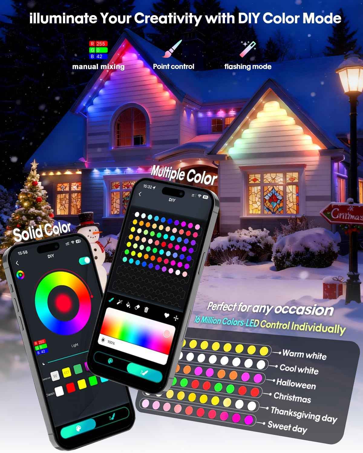 Super RGB Permanent Outdoor Lights 50FT, Smart RGB+IC Eave Lights with Remote APP Control, DIY LED Color Individual, White & Colorful Christmas String Light, IP67 Waterproof for House Outside Decor