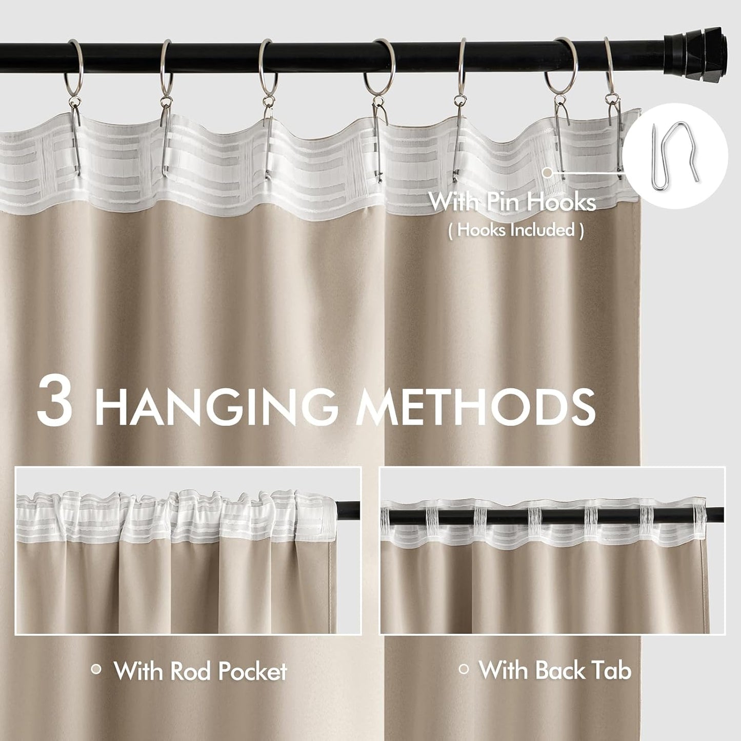 MIULEE Taupe Back Tab Blackout Curtains 72 Inches Long 2 Panels Set for Living Room Bedroom Privacy, Rod Pocket/Pinch Pleat Thermal Insulated Room Darkening Pleated Light Blocking Drapes