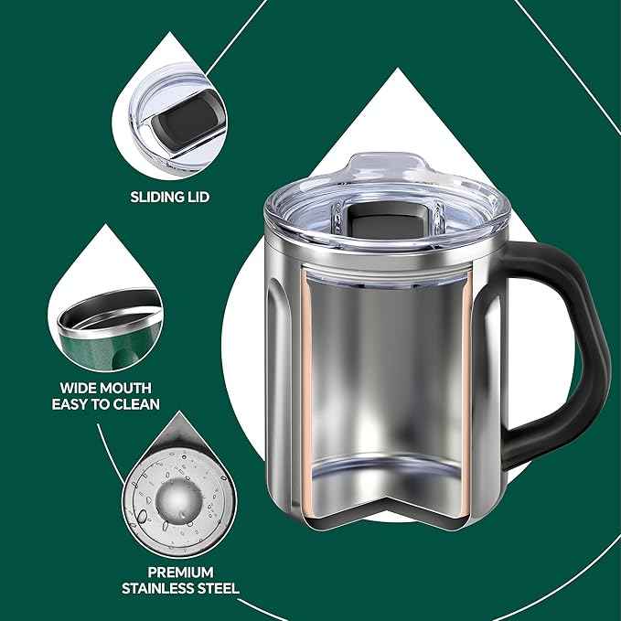 Ideus 16 oz Coffee Cup, Stainless Steel Coffee Travel Mug, Spill Proof Tea Mug with Handle and Lid, Lightweight and Durable, Great for Office Home and Outdoor Use, Deep Green-FUJI FLOW