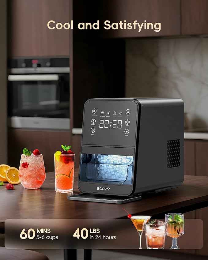 ecozy Nugget Ice Maker Countertop, 40Lbs/24H Chewable Pebble Ice, One-Touch Timer Control, Self-Cleaning Sonic Ice Machine with TDS Water Tester, Pull-Out Ice Basket, Compact for Home Kitchen Office